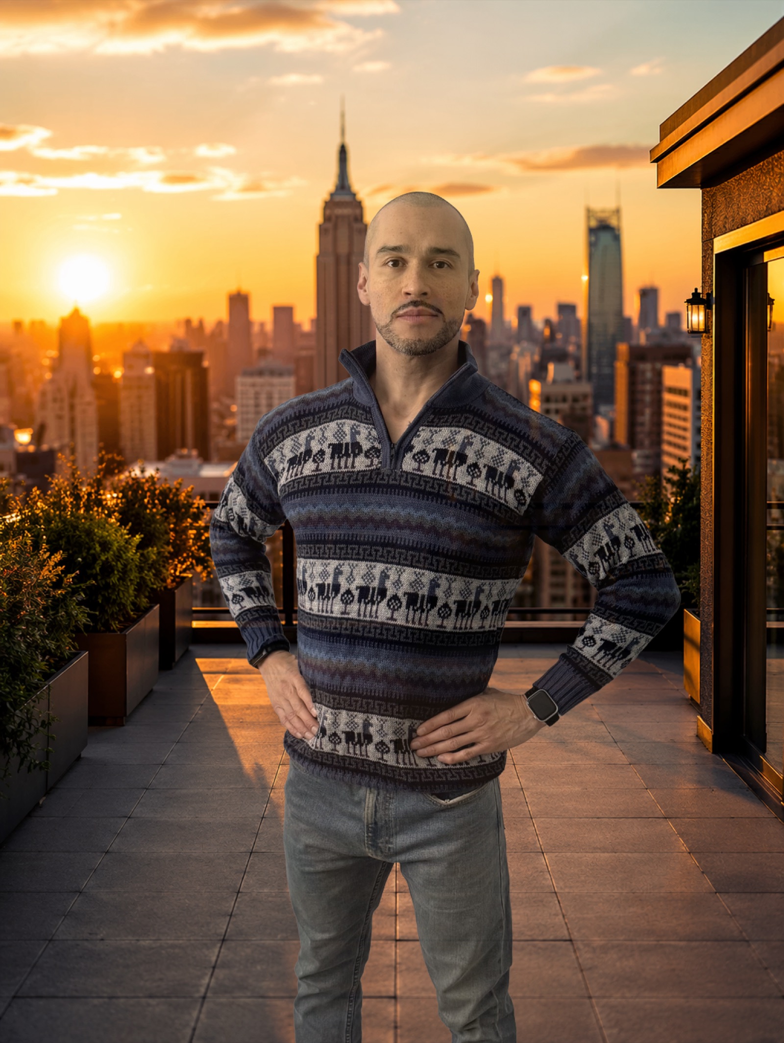 Portrait composited onto NYC rooftop at golden hour