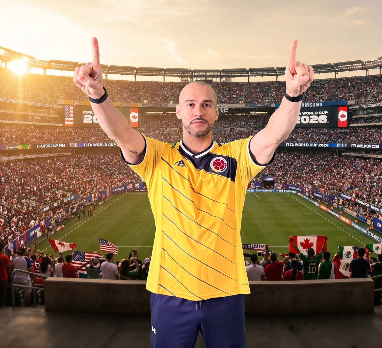 After: same subject composited into World Cup stadium background